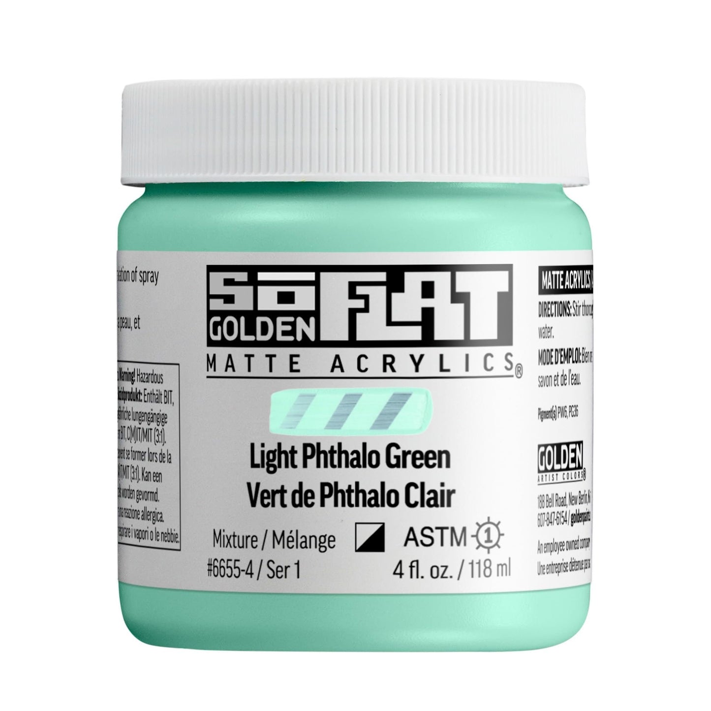 SoFlat Matte Acrylics by GOLDEN, Light Phthalo Green, 4 fl. oz. Jar, Professional Acrylic Paint, Semi-Opaque