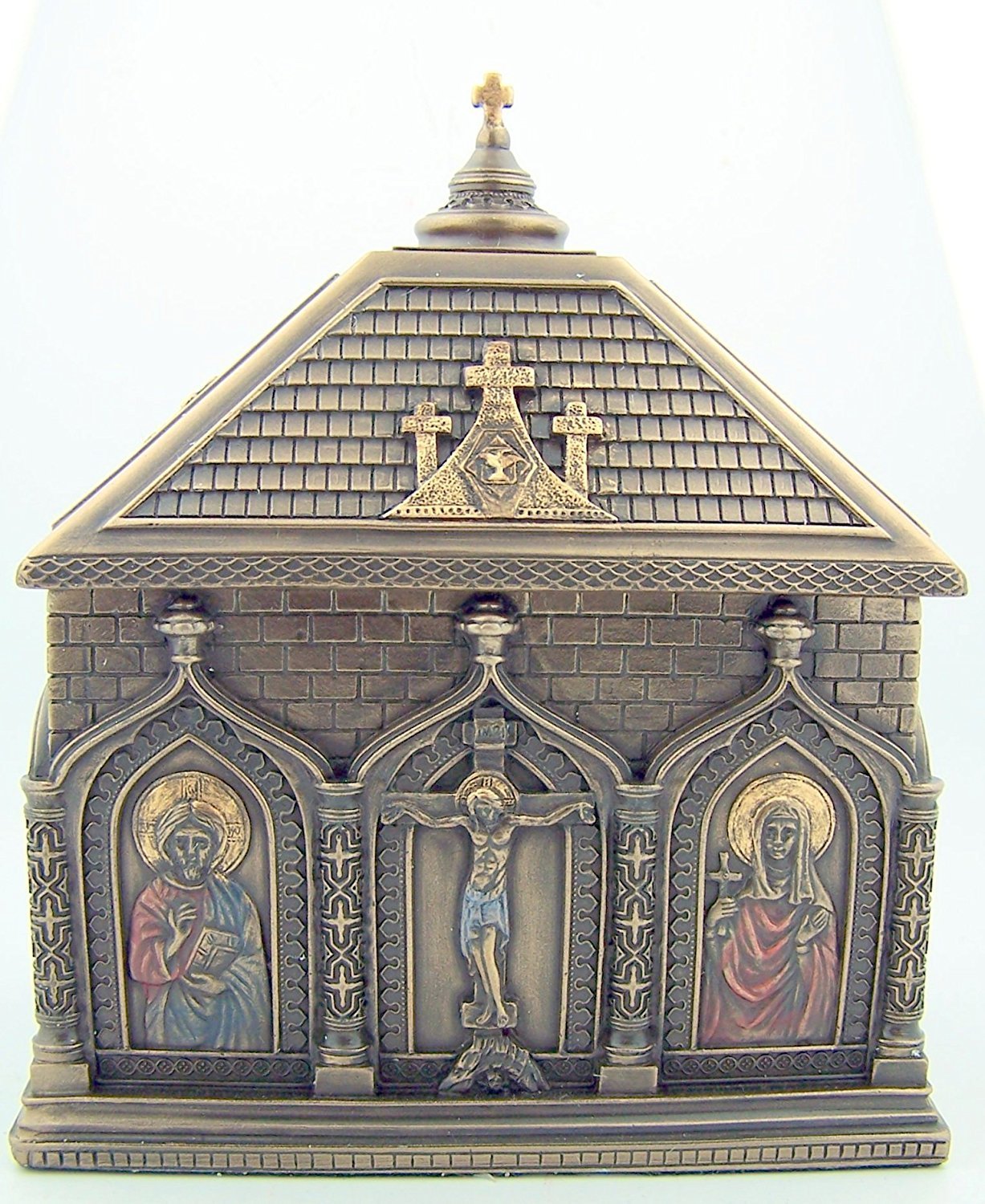 Religious Catholic Gift Cold Cast Bronze 5 7/8 Inch Church Chapel Icon Rosary Keepsake Trinket Box