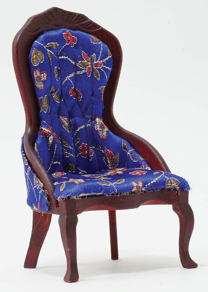 Classics by Handley Dollhouse Miniature Victorian Lady's Chair, Mahogany with Blue Floral Fabric