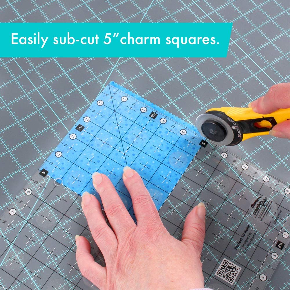 Creative Grids Perfect 10 Quilting Ruler – CGRPERF10 – Made in USA, 10in x 10in Square, Non-Slip Grip Acrylic Quilting, Sewing, Crafting, Patchwork Ruler for Measuring & Cutting Fabric