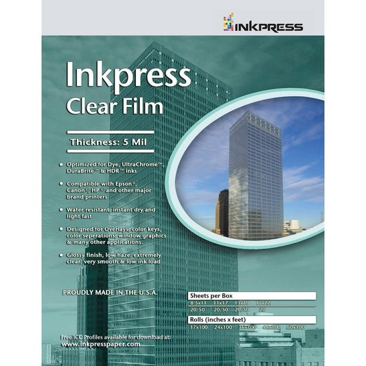 Inkpress Clear Film 5 mil. Polyester Inkjet Film, 8.5x11", 20 Sheets
