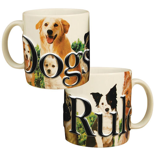 Dogs Rule 18-oz Ceramic Mug Embossed Lettering Gift for Pet Lovers Puppy