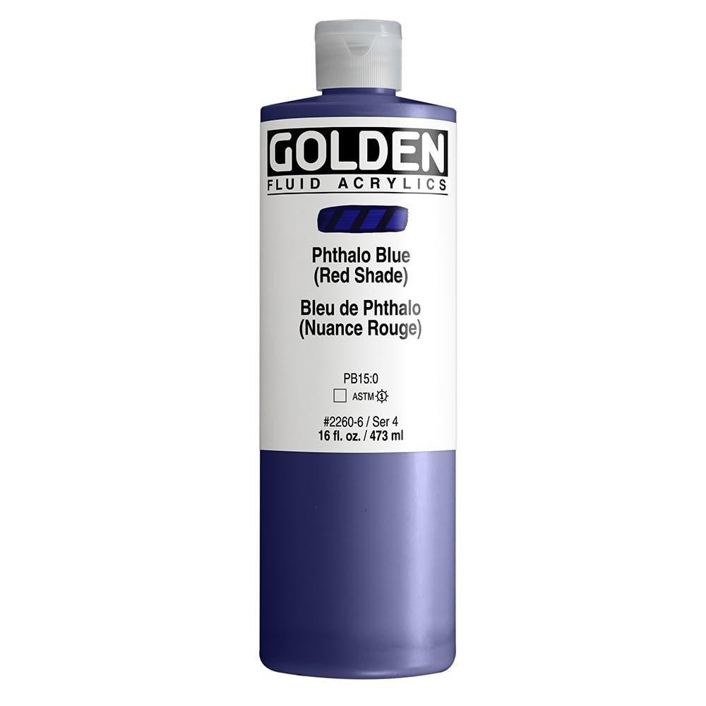 Fluid Acrylics by GOLDEN, Phthalo Blue (Red Shade), 16 fl. oz. Bottle, Professional Acrylic Paint, Transparent