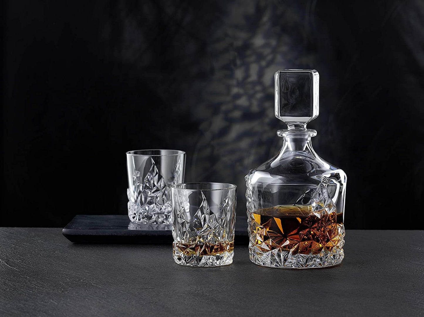 Nachtmann Sculpture 3-Piece Crystal Whiskey Set - 26.5oz Decanter with Stopper & 12oz Tumblers, Luxurious Glassware for Elegant Home Bars & Whiskey Enthusiasts - Durable Modern Glass Collection