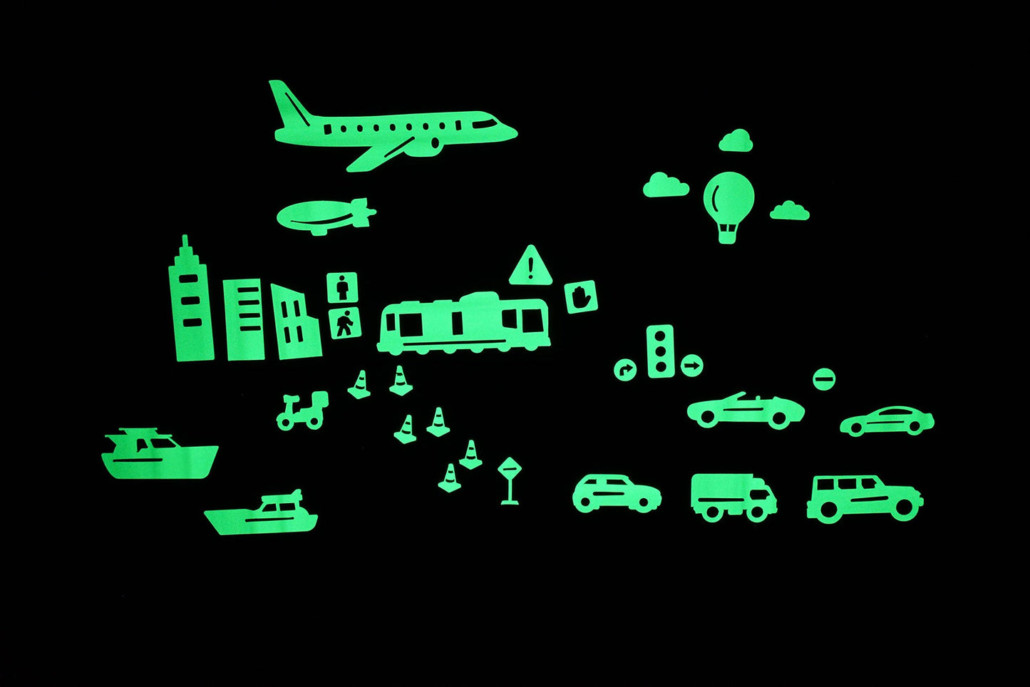 GLOPLAY Vehicle Series (32pcs/Pack), Glow in The Dark Educational Wall Stickers, The Eco-Friendly and Brightest Wall Stickers for Ceiling, Bathtime, Bedroom, Party, Decor