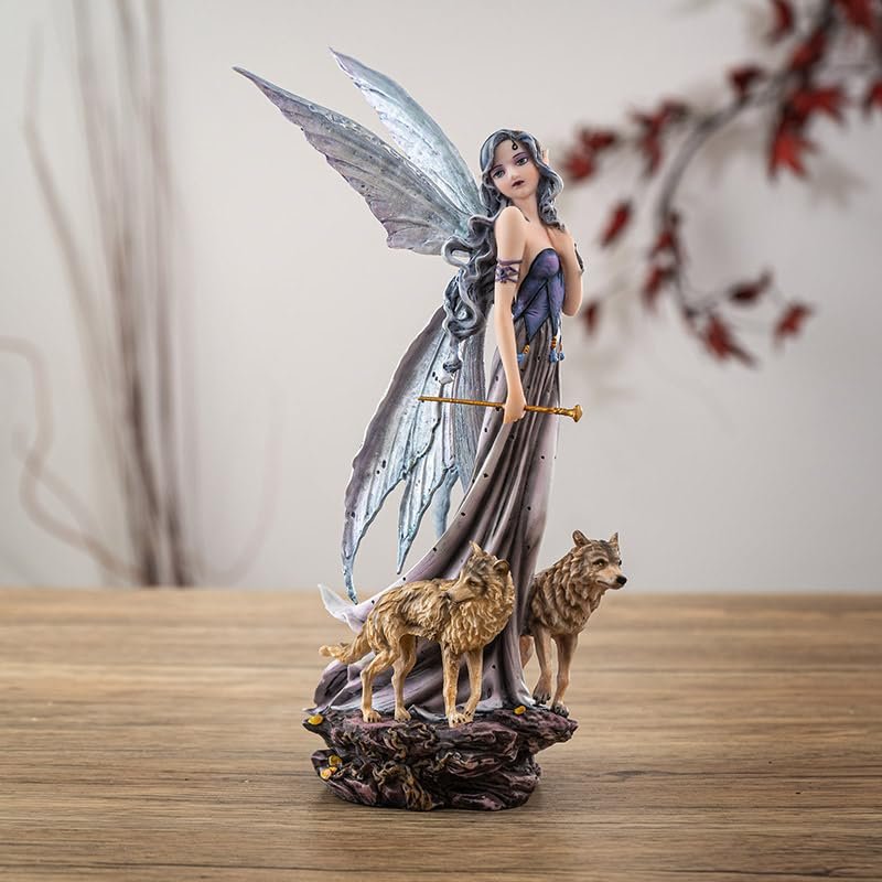 Pacific Giftware Moonlight Fairy with Wolves Fantasy Figurine with Glittering Wings and Guardian Wolves Perfect for Nature and Fantasy Decor Collectible Figurine 10 Inches Tall