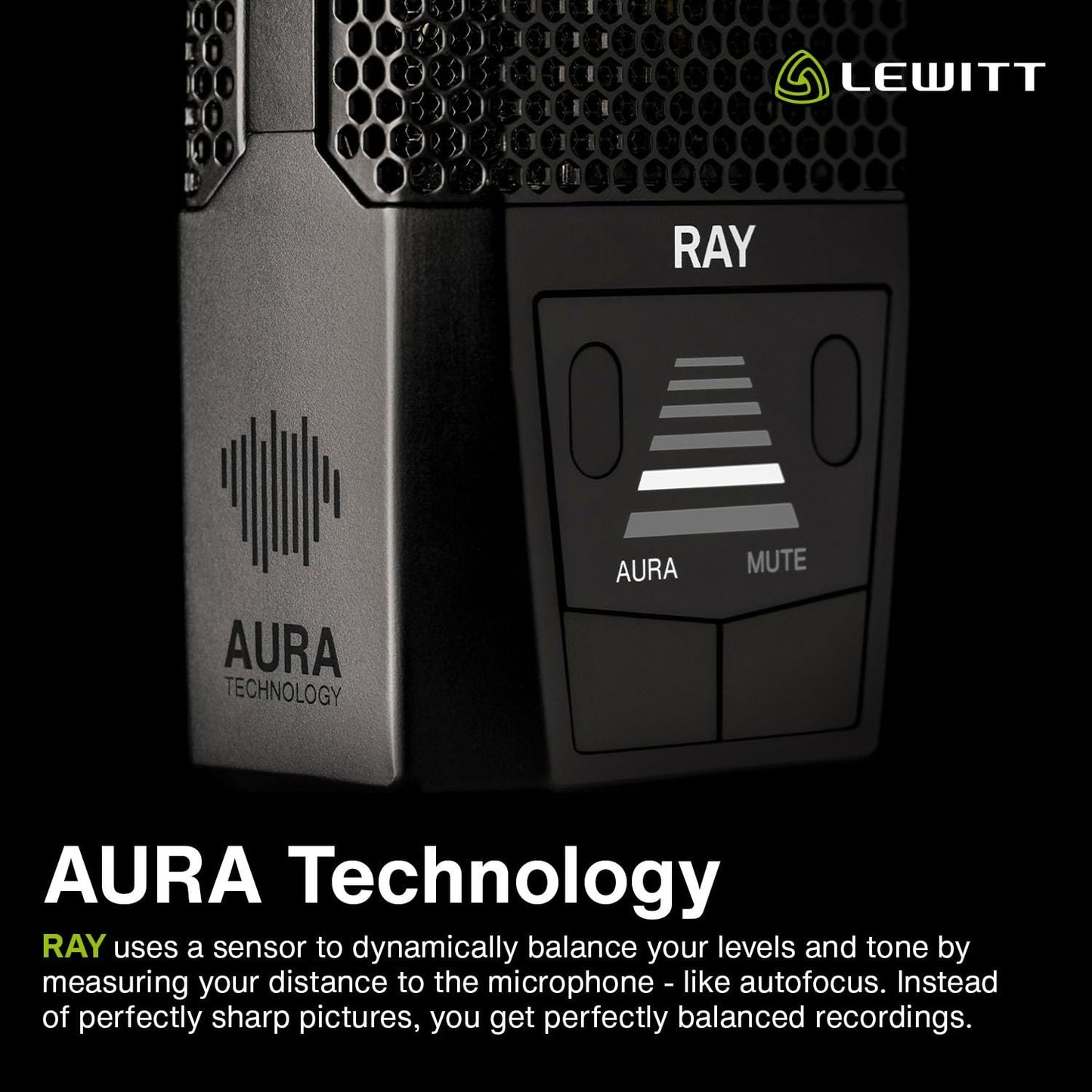 Lewitt RAY Microphone with Autofocus for Your Voice - Mute by Distance and Mute Button - for Podcasts, Streaming, Content and Music in Studio Quality - 1" Studio Condenser Capsule