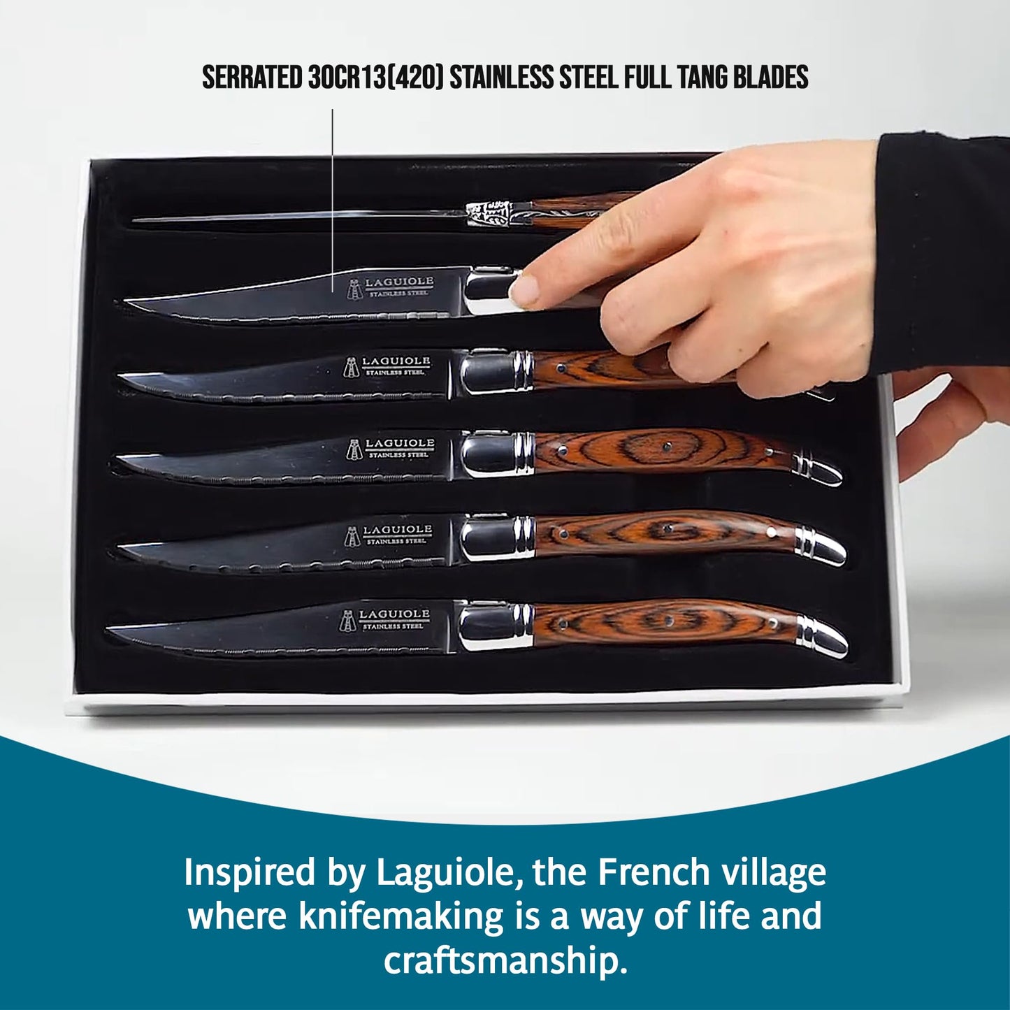 Trudeau Laguiole Steak Knives Set of 6 – Premium Stainless Steel Serrated Blades with Pakkawood Handles – Dishwasher Safe Steak Knife Set for Dinner, BBQ, or Gifting – Rustic Elegant Design