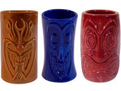KC Hawaii Tiki Shot Glasses 2 Oz. Set of 3 Brown, Blue, Red Ceramic Shot Glasses