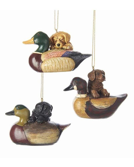 Kurt Adler Puppy W/Duck Decoy Ornament - 3 Assorted: Brown, TAN and Black