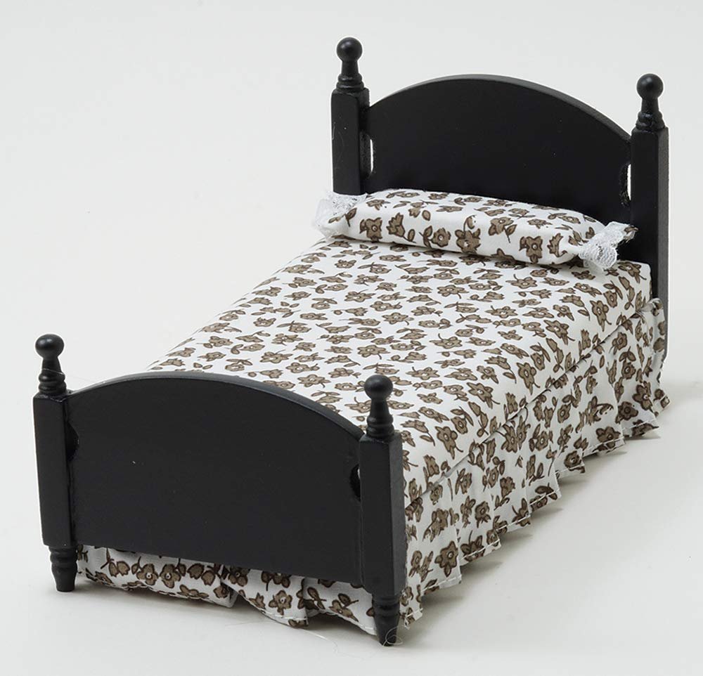 Classics by Handley Dollhouse Miniature Single Bed, Black with Brown and White Floral Fabric