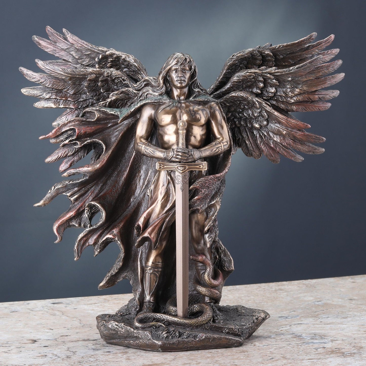 Unicorn Studio WU75976A4 Guardian Angel Statue in 6 Winged with Sword and Serpent, 11-inch Cold Cast Bronze