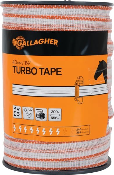 Gallagher 1.5" x 656' Turbo Tape | Highly Conductive Polytape with Copper and Steel Conductors | Electric Fencing for Livestock, Horses