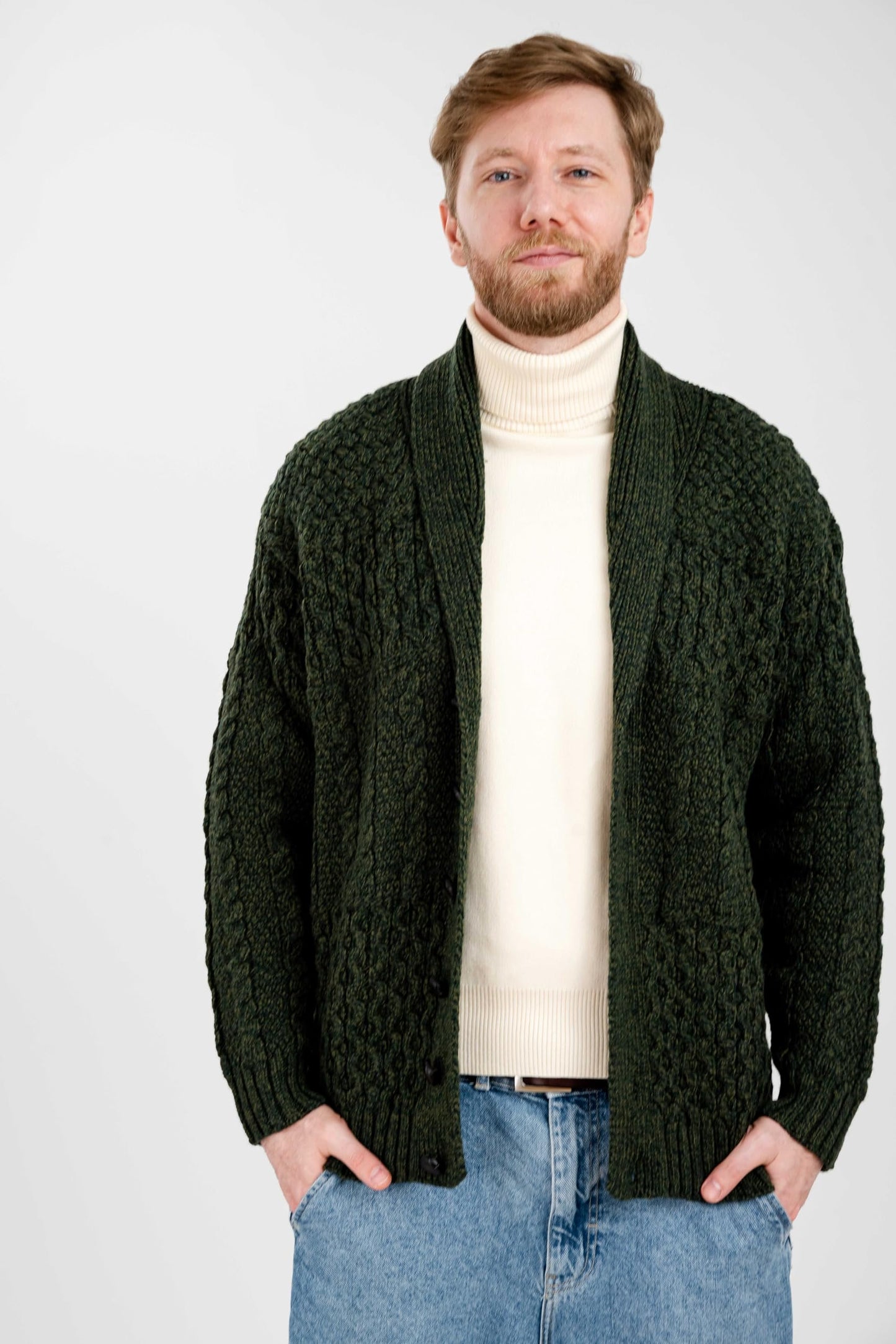 SAOL Men's Cardigan Merino Wool Knit Shawl Collar Casual Sweater with Buttons