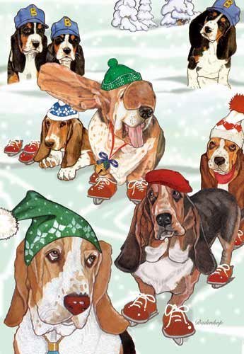 Basset Hound Christmas Cards Bassets On Ice : 10 Holiday Cards with White Envelopes - ADORABLE!