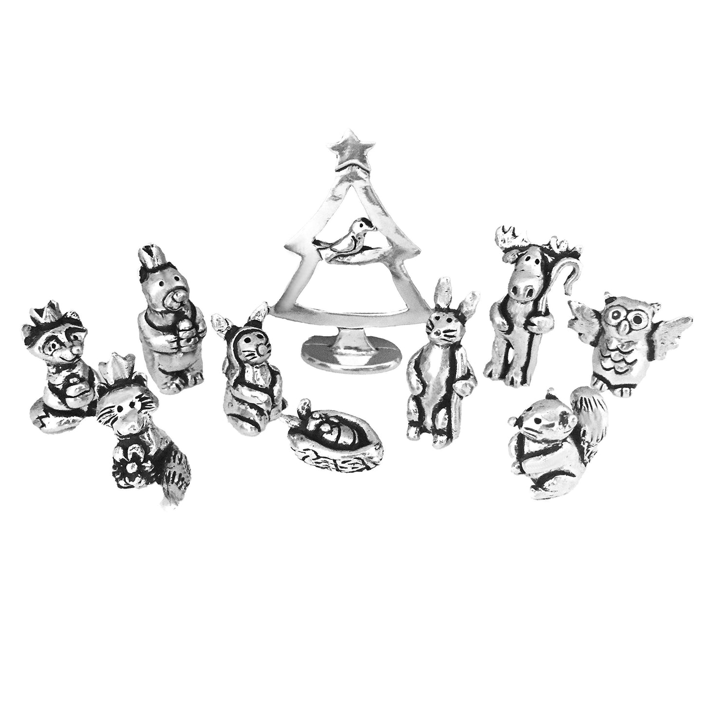 Basic Spirit Woodland Nativity Set (10 Pc) Handcrafted Pewter Figurine with Animal Moose Bear Fox Bird Rabbit Owl for Religion Home Decorative Collection