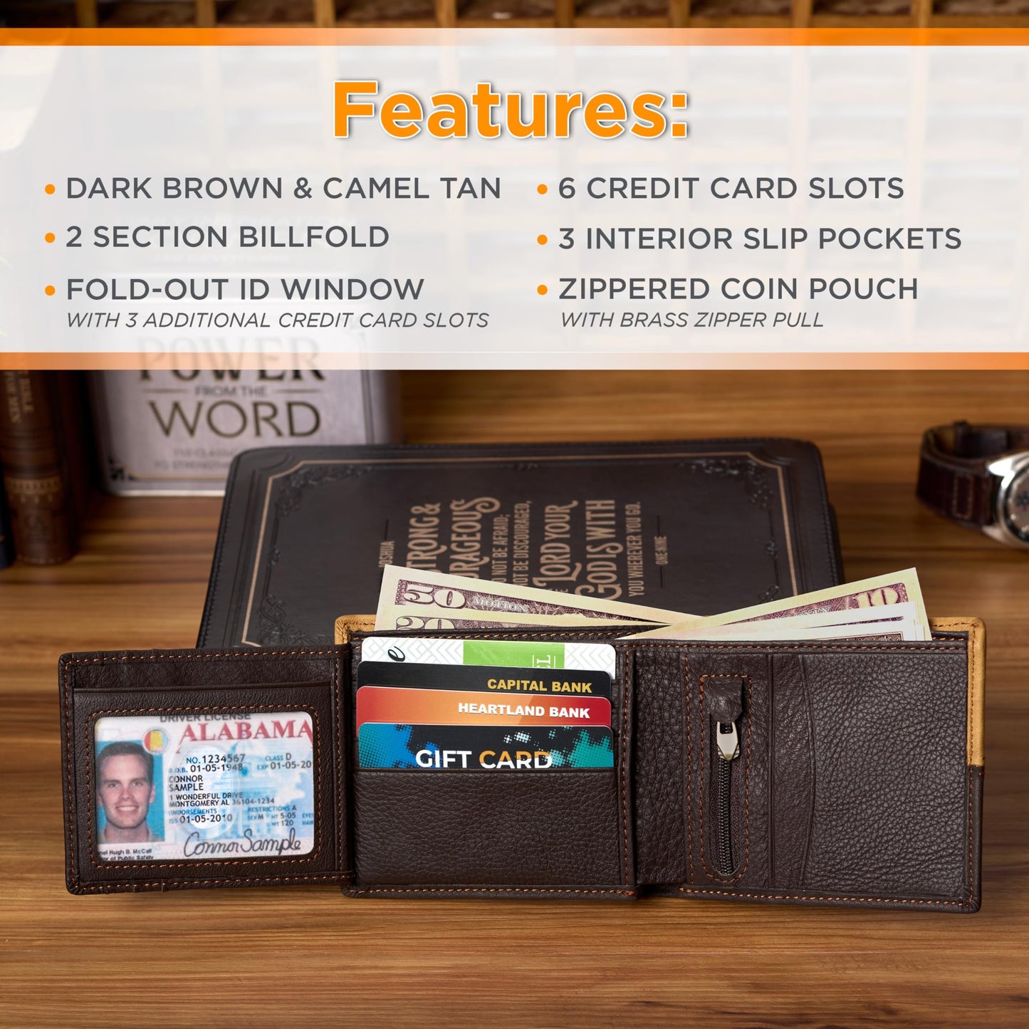 Christian Art Gifts Genuine Premium Full Grain Leather RFID Blocking Silver Engraved Cross Wallet for Men: Multi Pocket Billfold w/Removable ID Window Accessory for Credit Cards, Bills, Photos, Black