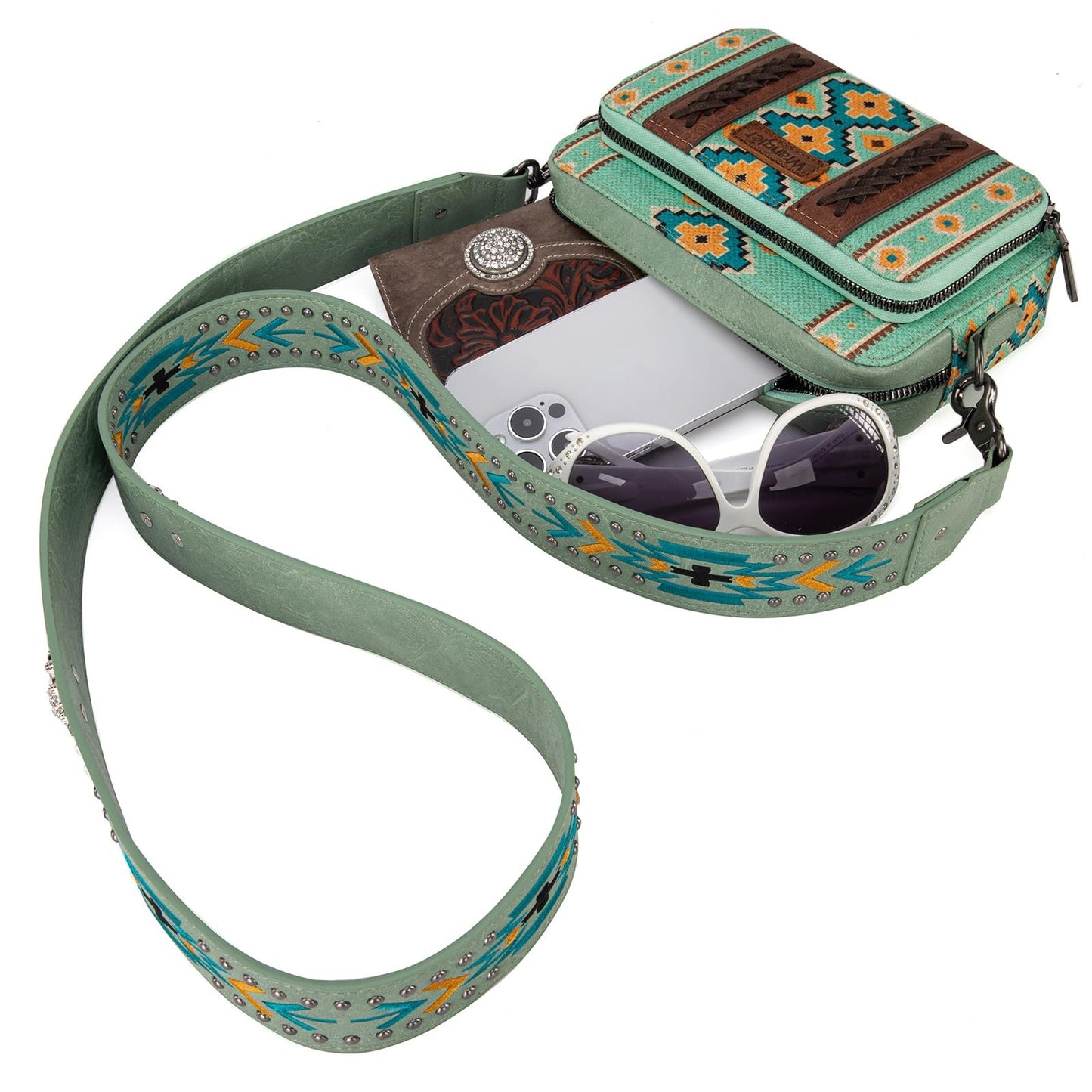Wrangler Crossbody Bag for Women Boho Aztec Small Multi Pocket Crossover Purse