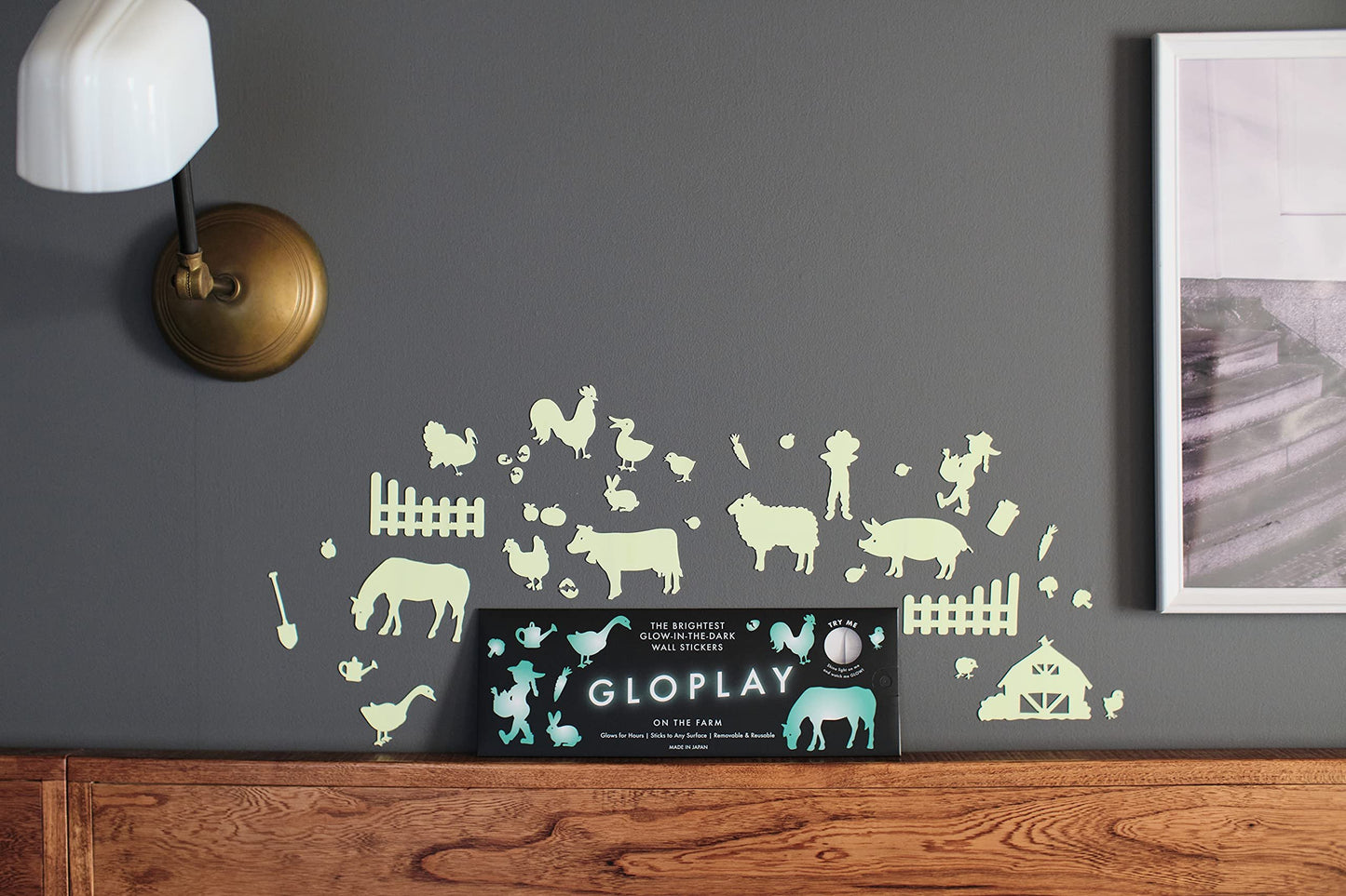 GLOPLAY On The Farm Series (36pcs/Pack), Glow in The Dark Educational Wall Stickers, The Eco-Friendly and Brightest Wall Stickers for Ceiling, Bathtime, Bedroom, Party, Decor