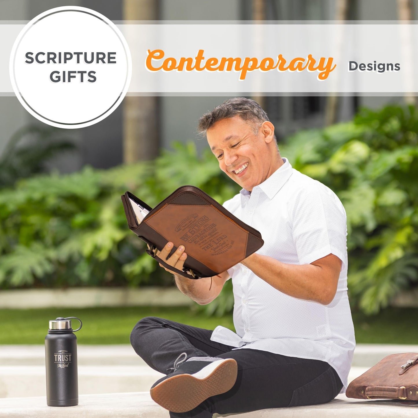 Christian Art Gifts Classic Bible Cover Be Strong and Courageous Joshua 1:9 Faux Leather, Saddle Tan/Brown