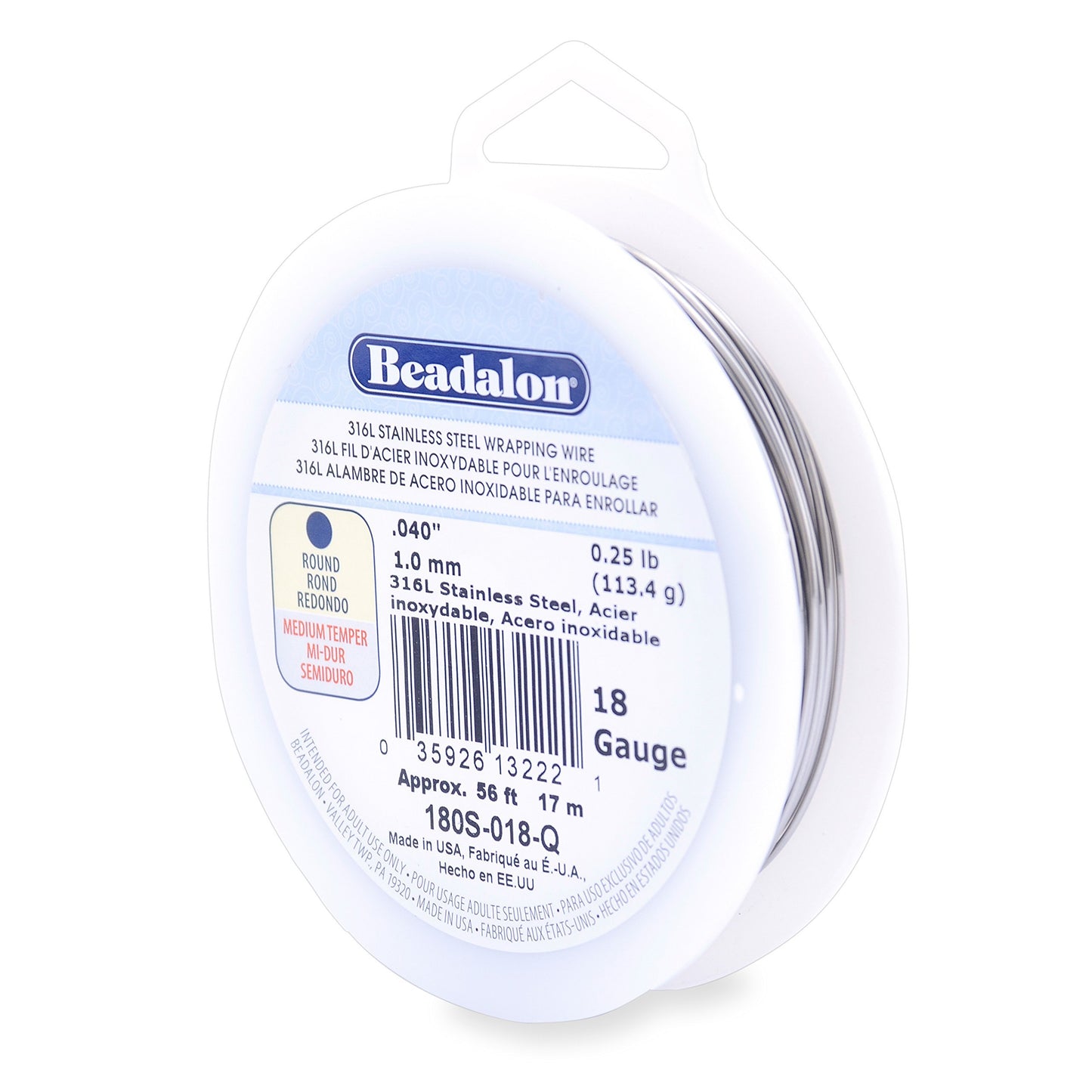 Beadalon 316L Stainless Steel Wrapping Wire, Round, 18 Gauge,Round, 56 feet, 1/4 Pound