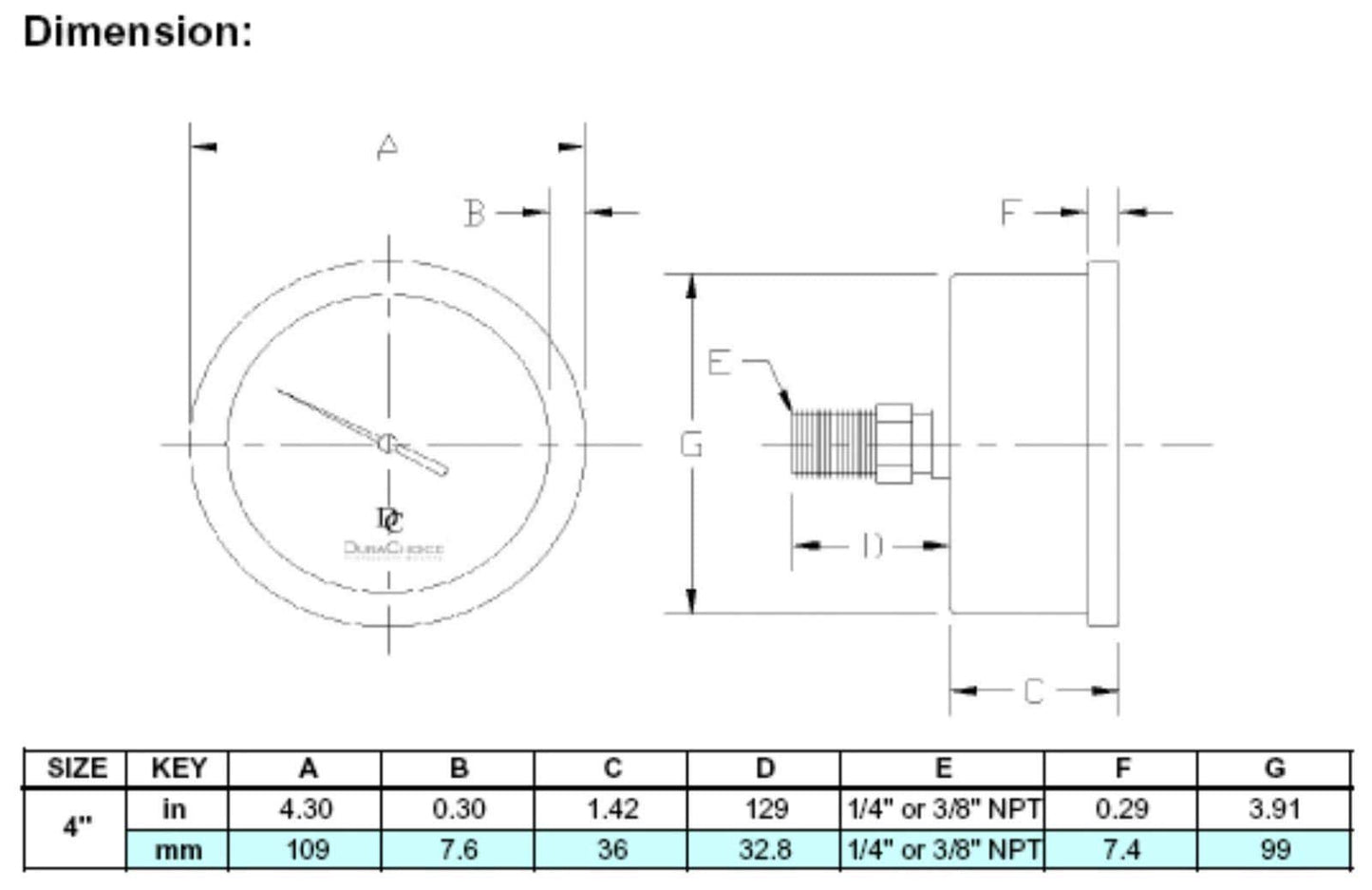 4" Oil Filled Pressure Gauge - Stainless Steel Case, Brass, 3/8" NPT, Center Back Mount Connection