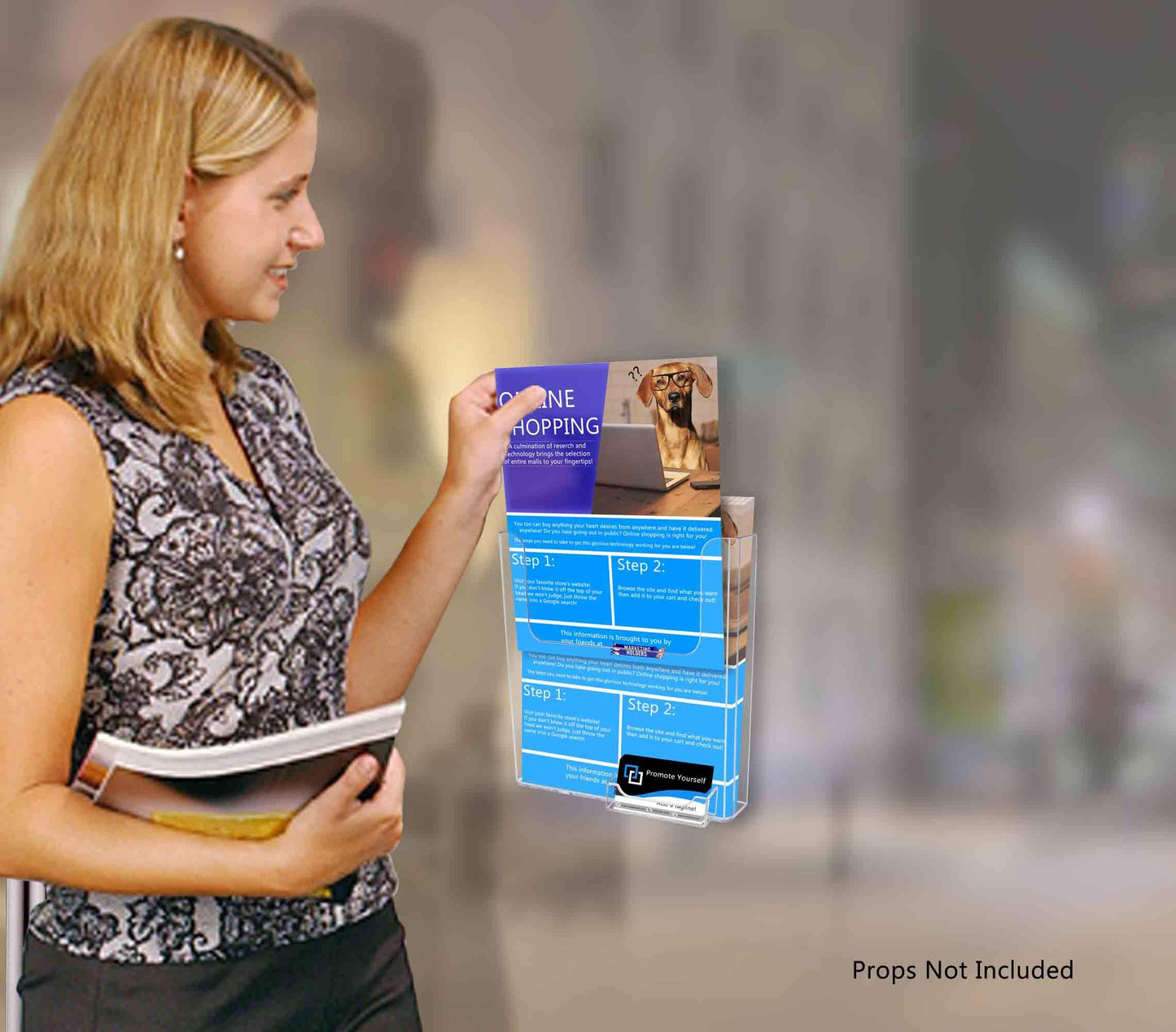 Marketing Holders 2 Pack Window Mount 8.5" Wide Brochure Magazine Holder with Attached 3.5 x 2 Inch Business Card Pocket Glass Surface Mount Suction Cup Pamphlet Catalog Booklet Display