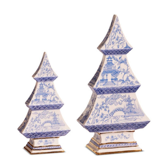Raz Imports 2024 Tartan Traditions 9"" Blue Chinoiserie Trees, Set of 2, 4457726