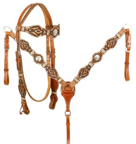 Showman Tribal Tooled Leather Headstall and Breast Collar Set w/Braided Rawhide & Turquoise Stone Accents! New Horse TACK!