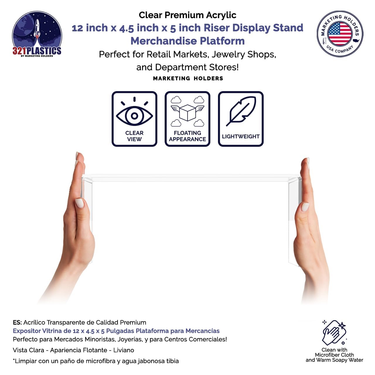 Marketing Holders Acrylic Riser Display Stand Platform Clear 12 Inch Wide by 4.5 Inch Deep Rectangular Tabletop Showcase Pedestal for Collectible Merchandise Firgures and Figurines