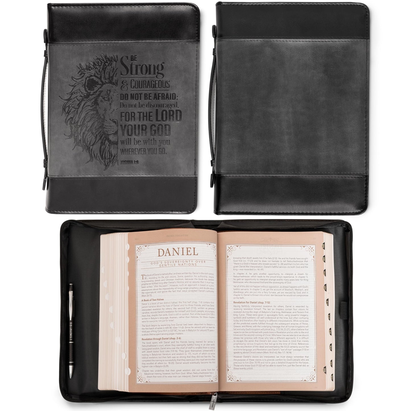Christian Art Gifts Classic Faux Leather Bible Cover for Men and Women: Be Strong and Courageous - Joshua 1:9 Inspirational Bible Verse with Lion, Gray and Black, Medium