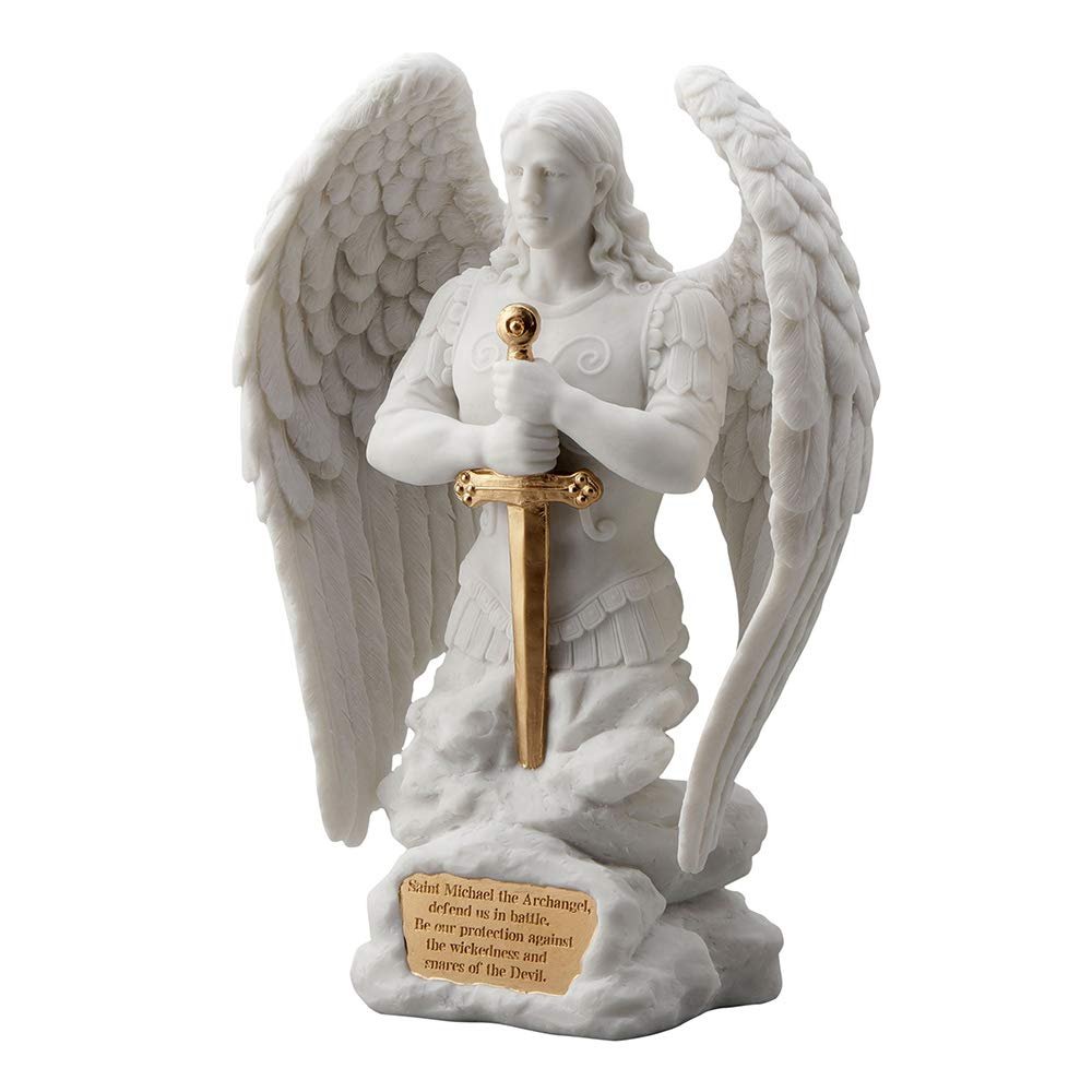 Veronese Design 9 1/8 Inch Saint Michael Prayer Archangel Monument Resin Sculpture White Marble Finish with Golden Accent Angel Statue