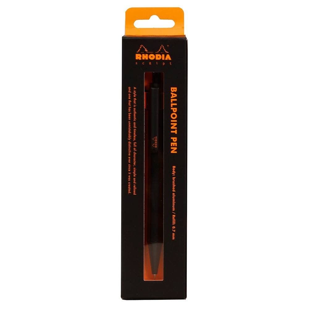 Rhodia 9389C - scRipt Refillable Ballpoint Pen Hexagonal Brushed Aluminium Body - Black - 0.7 mm High Precision Retractable Ball Point, Black Ink - scRipt Collection