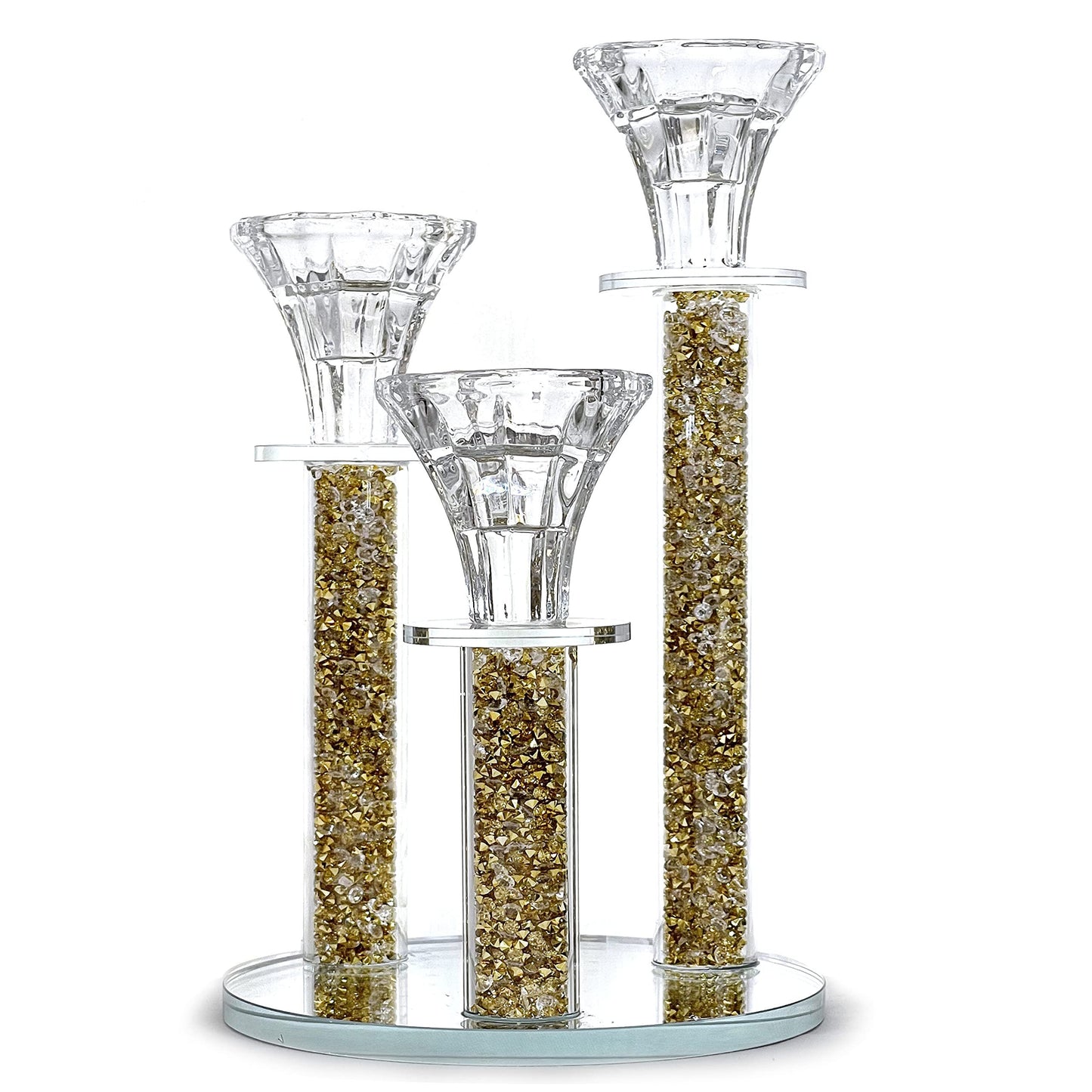 Allgala 9 Inch Tall 3-Pillar Filled with Diamond Like Stone Filled Crystal Candlesticks with Mirror Base