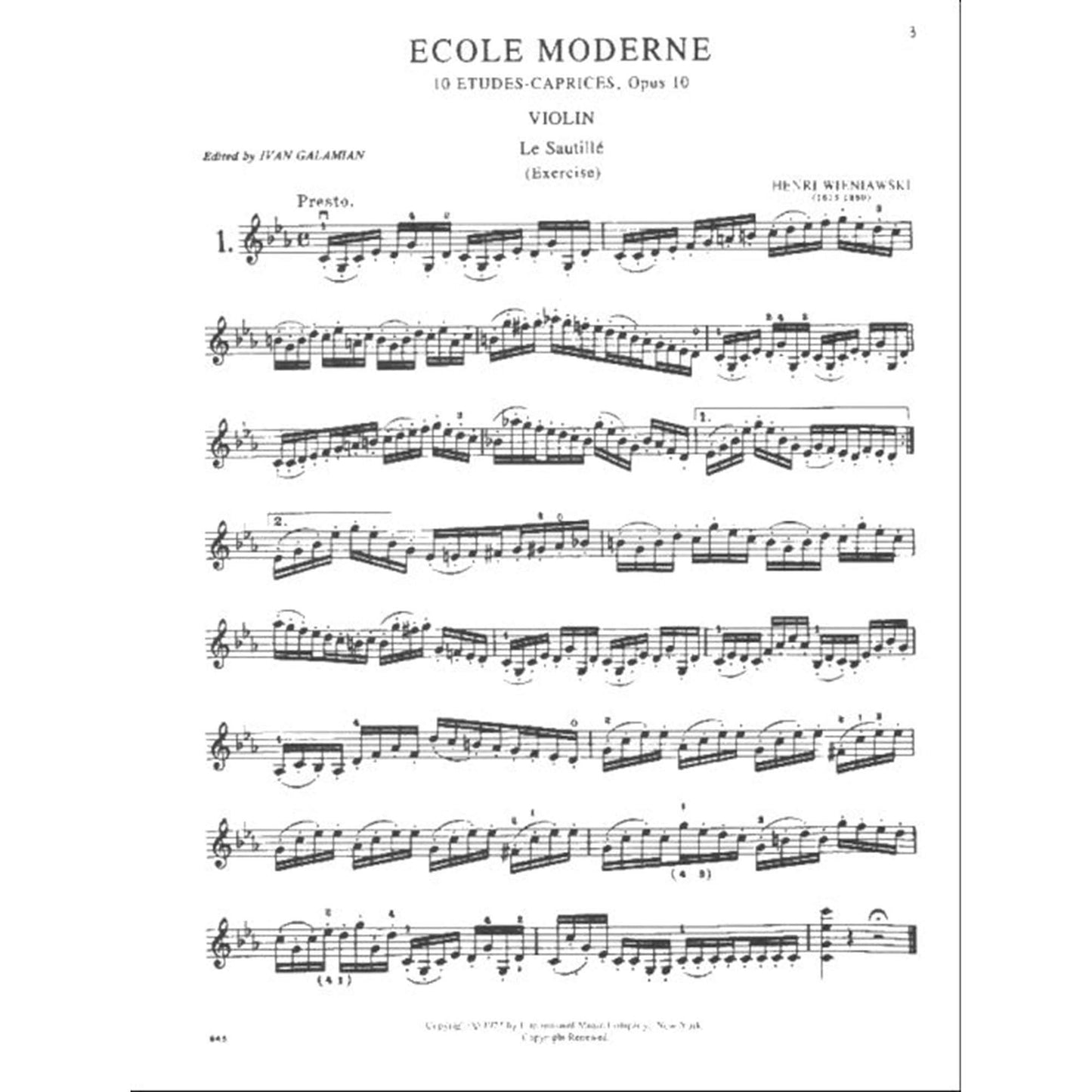 Wieniawski, Henryk - Ecole Moderne, Op 10 - Solo Violin - edited by Ivan Galamian - published by International Music Com