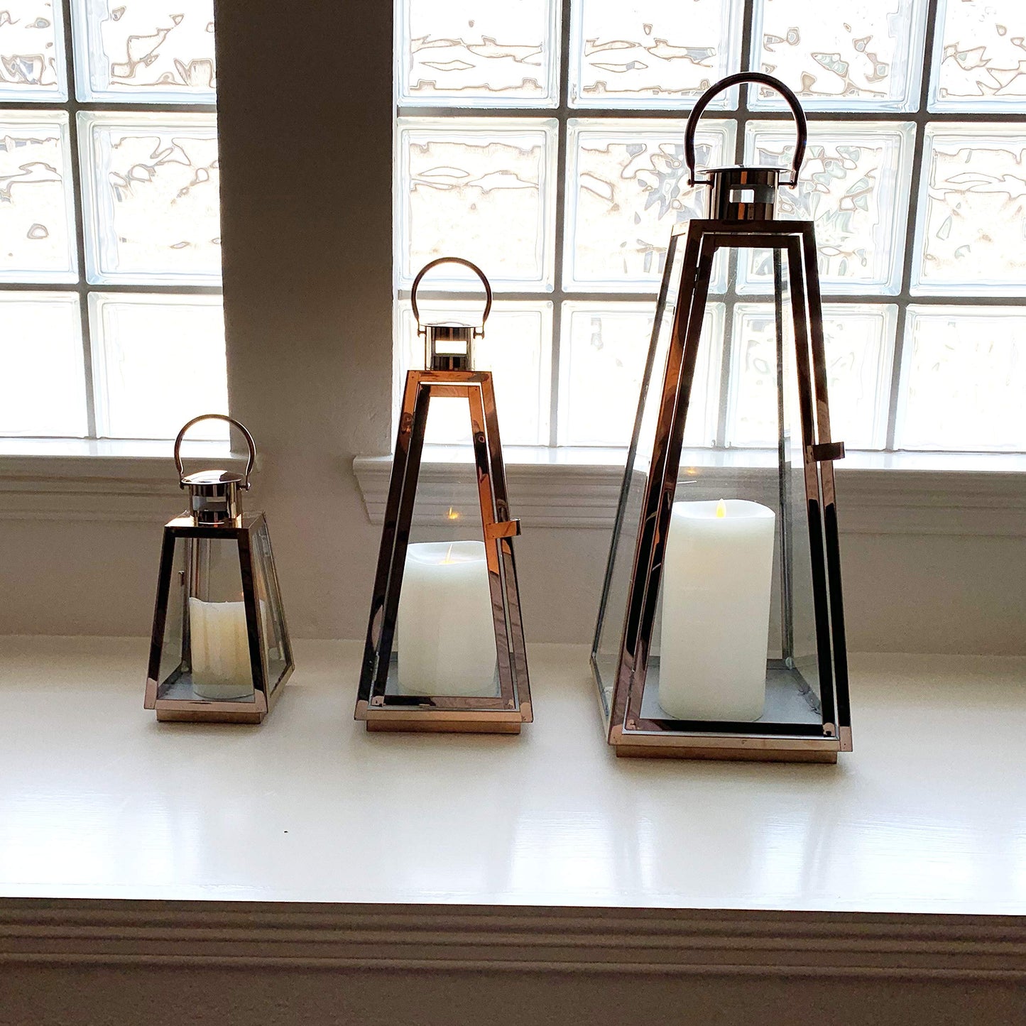 Allgala Lantern Set 3-PC Jumbo Deluxe Modern Indoor/Outdoor Candle Lantern Set with Chrome Plated Structure and Tempered Glass for Garden Poolside Fireplace Wedding