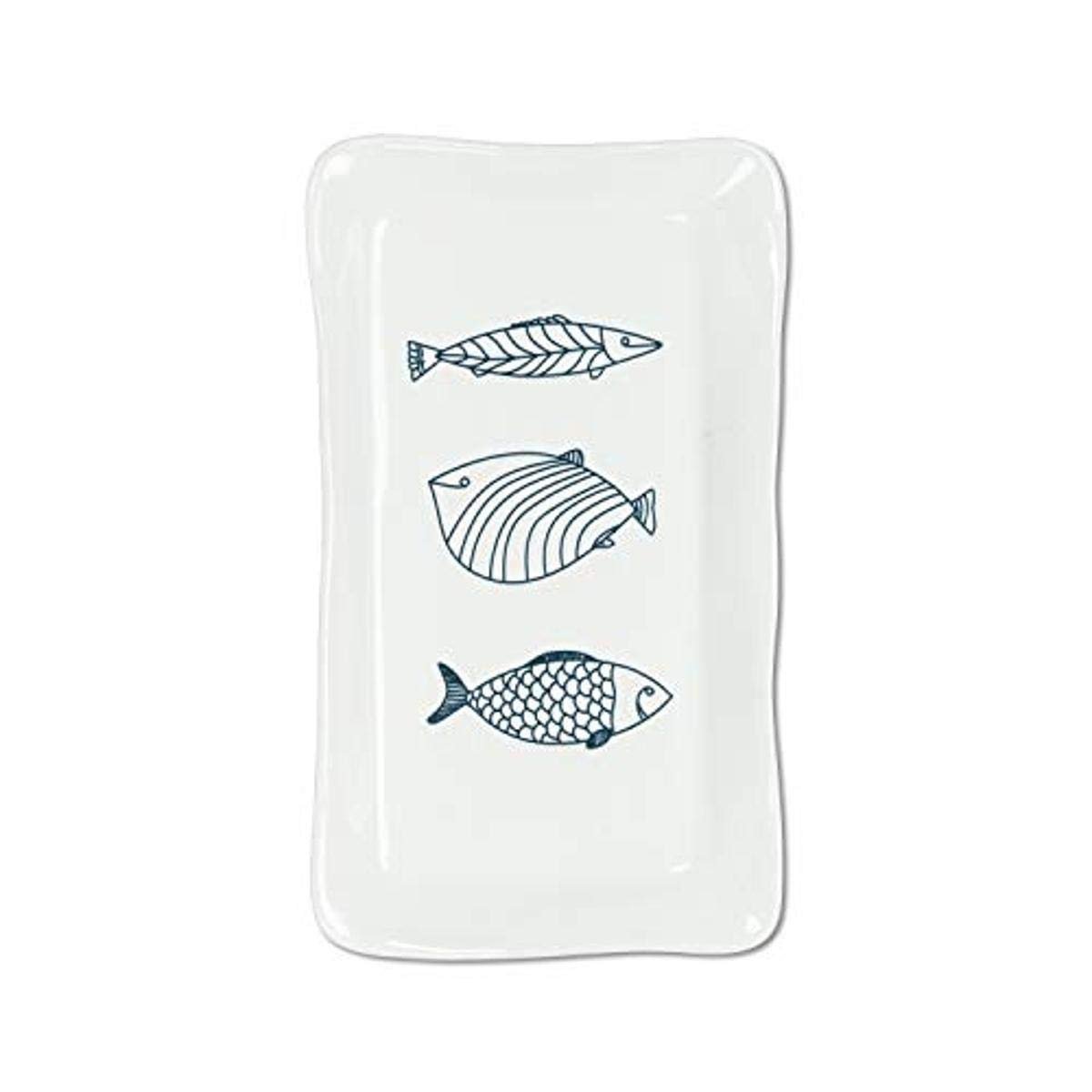 Abbott Collection 27-CORFU-690 Large Rectangle Fish Plate, 1 EA, White/Blue (12" L)