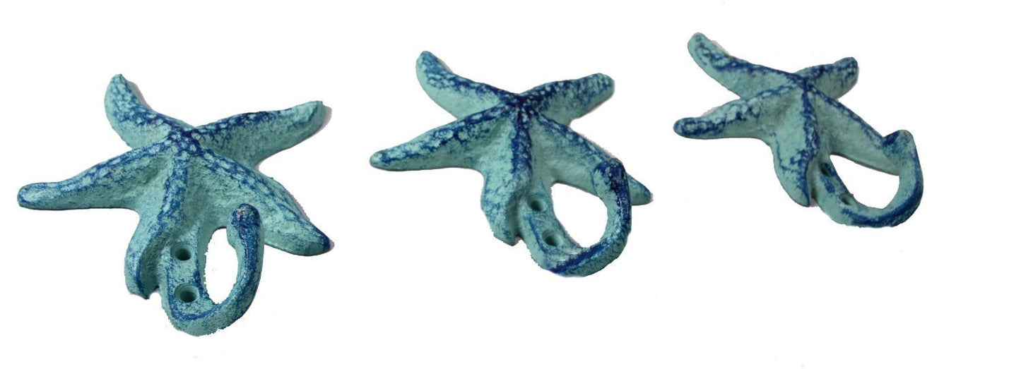 Starfish Cast Iron Wall Hooks Antique Blue - Set of 3 for Coats, Aprons, Hats, Towels, Pot Holders, More