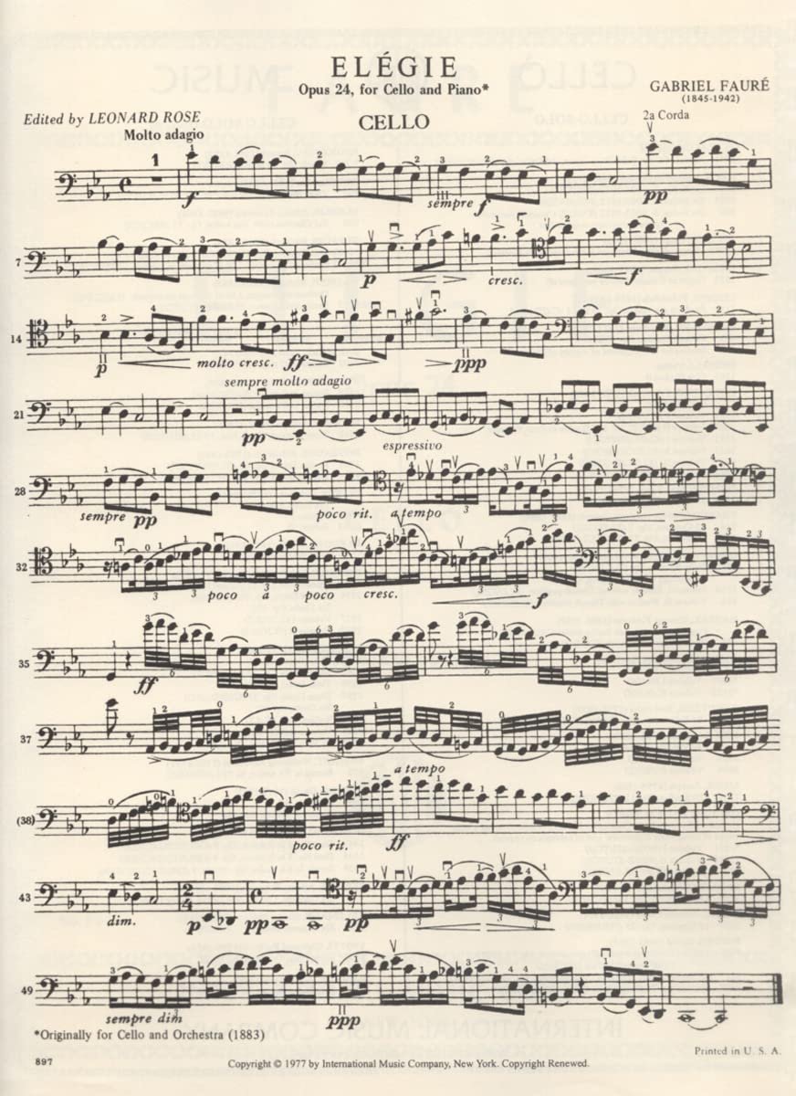 Faure, Gabriel - Elegy, Op. 24 - Cello and Piano - edited by Leonard Rose - International Edition