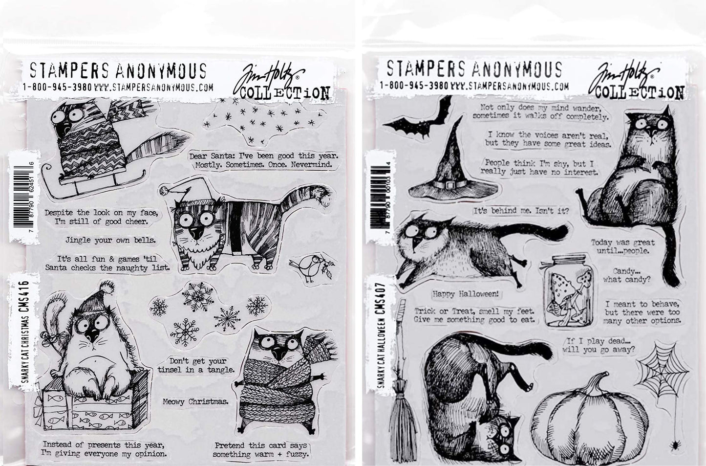 Tim Holtz Stampers Anonymous Snarky Cat Christmas & Snarky Cat Halloween Cling Stamps - Two Item Bundle (416,406)