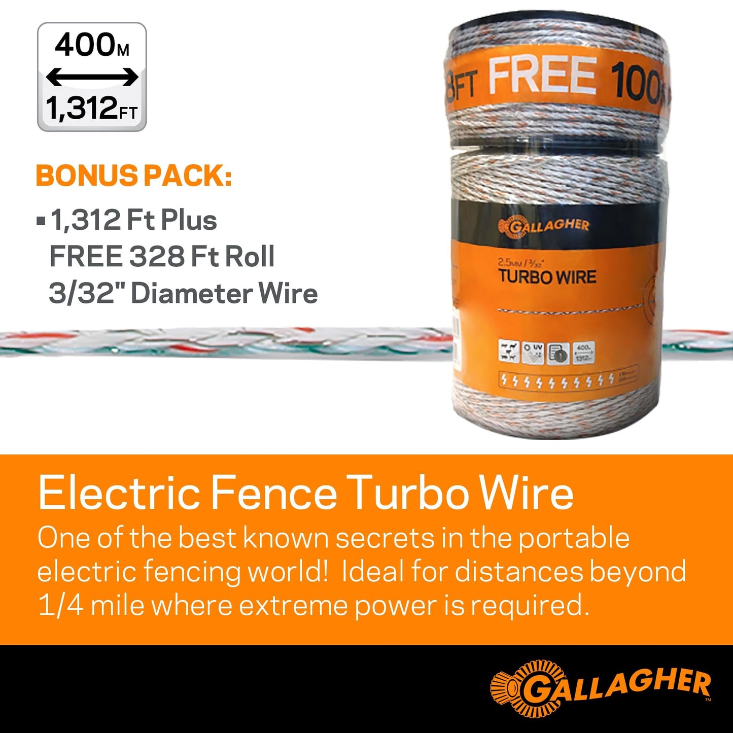 Gallagher Electric Fence Turbo Wire | Highly Conductive Strands Provide Extreme Power for Long Fences | 3/32in Diameter | 1312ft Length + 328ft Free