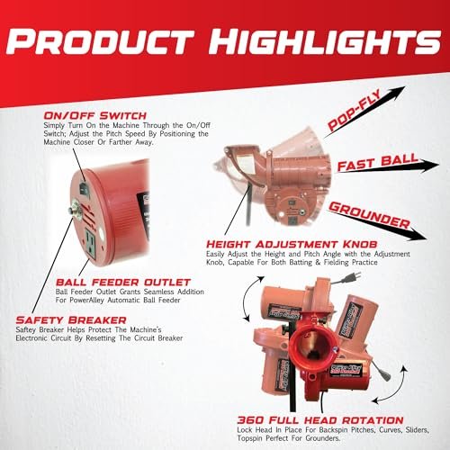 Heater Sports Power Alley Lite 360 Baseball Pitching Machine - Pitches Lite Balls 40-80 MPH Fastballs, Sliders, & Curves | Accurate, Durable, & Portable Training Tool for Batting & Field Practice