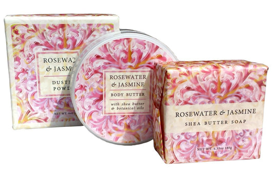 Greenwich Bay ROSEWATER JASMINE 3 Piece Beauty Gift Set of : BODY BUTTER, SPA SOAP, and DUSTING POWDER