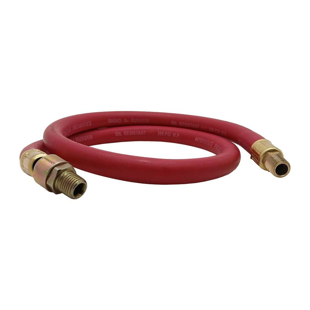 Red Rubber Air Hose Whip 3' Long 1/4" I.D. with 1/4" Male Ball Swivel