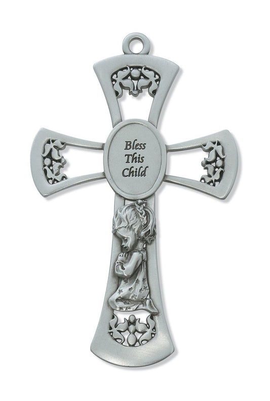 6" Pewter Bless This Child Girl Wall Cross. Perfect for First Communion, Christening Baptism Shower