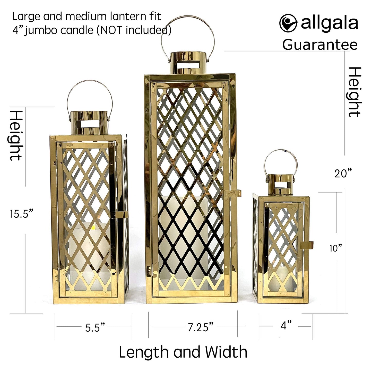 Allgala Lantern Set 3-PC Jumbo Deluxe Modern Indoor/Outdoor Candle Lantern Set with Chrome Plated Structure and Tempered Glass for Garden Poolside Fireplace Wedding