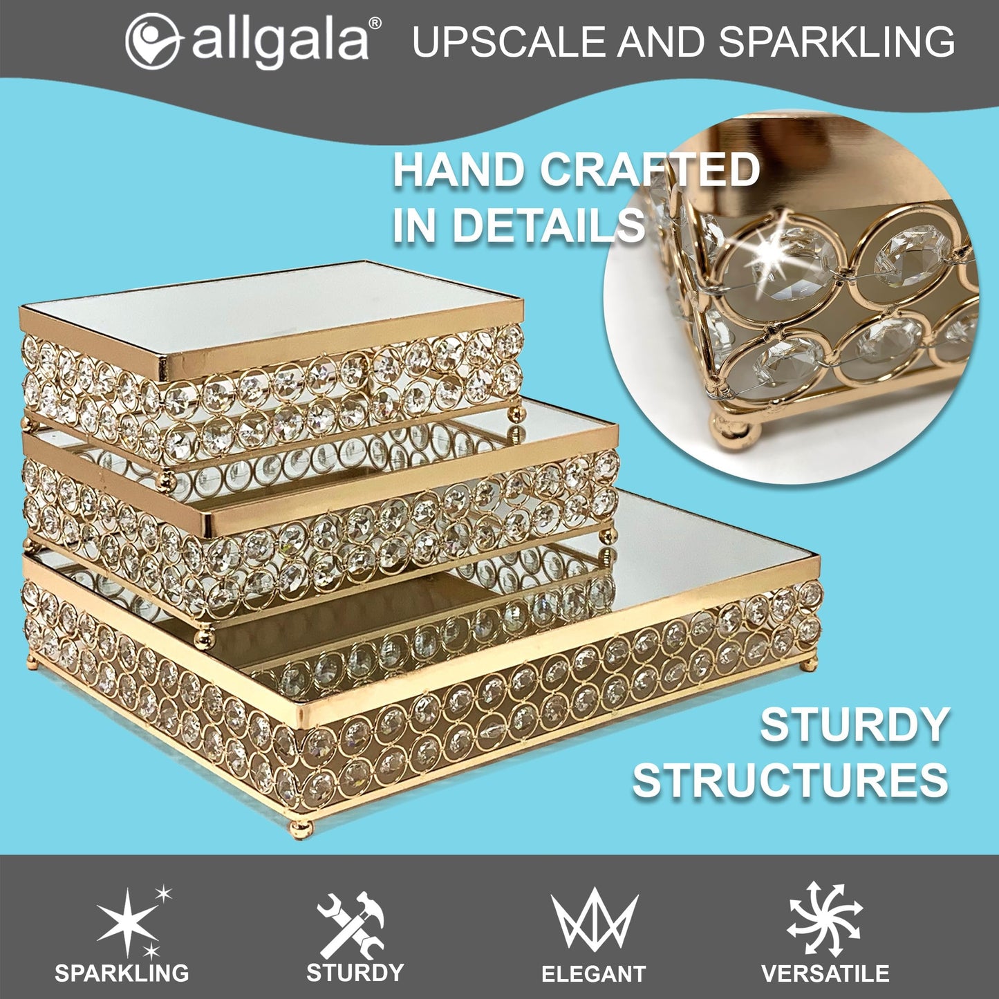 Allgala 3 Piece Set Crystal Gold Plated Dessert Cheese Cupcake Cake Stand with Mirror Plate