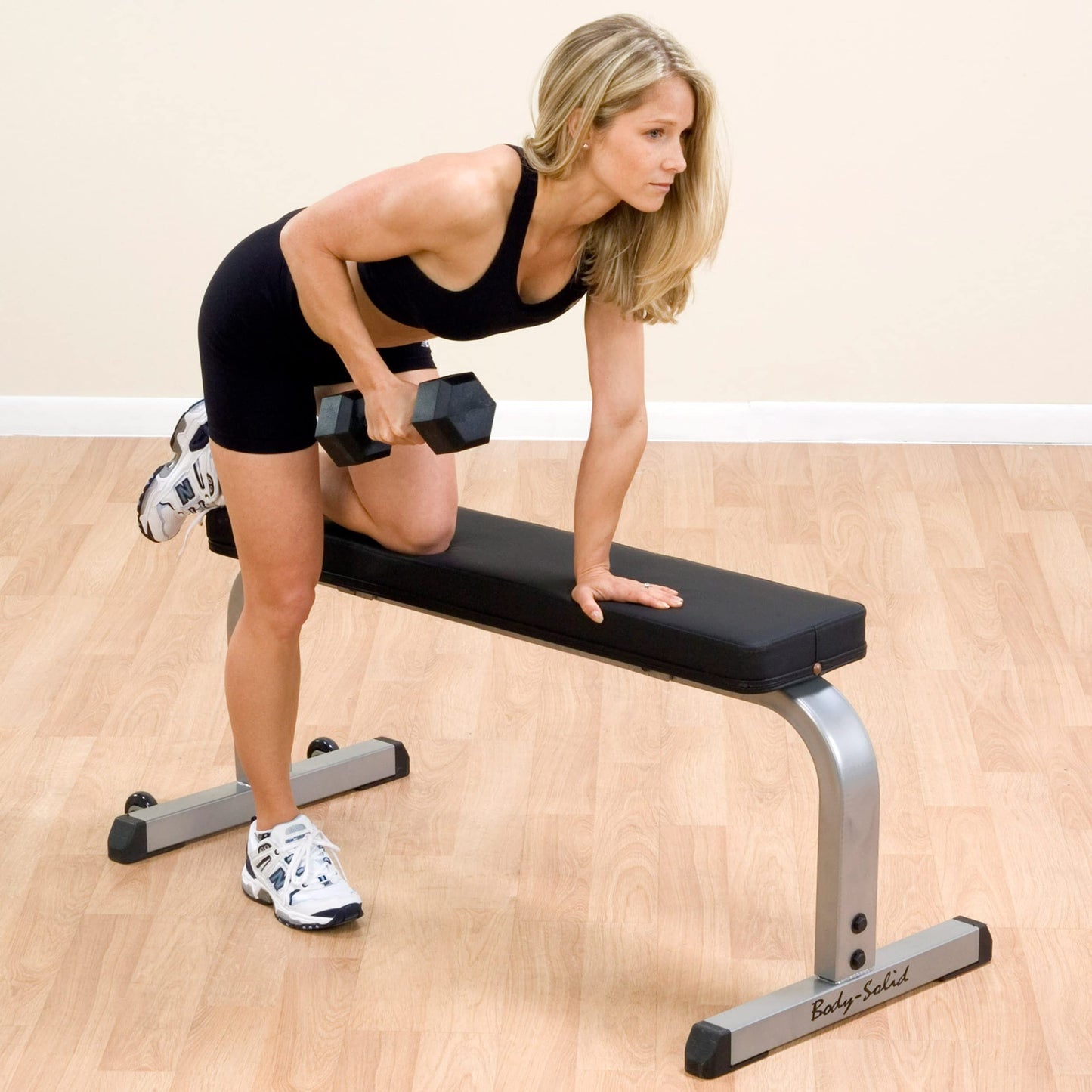 Body-Solid (GFB350B) Adjustable 600 lbs. Capacity Flat Utility Weight Bench for Strength Training, Stretching, Ab Exercises, and Dumbbell Curls, Black