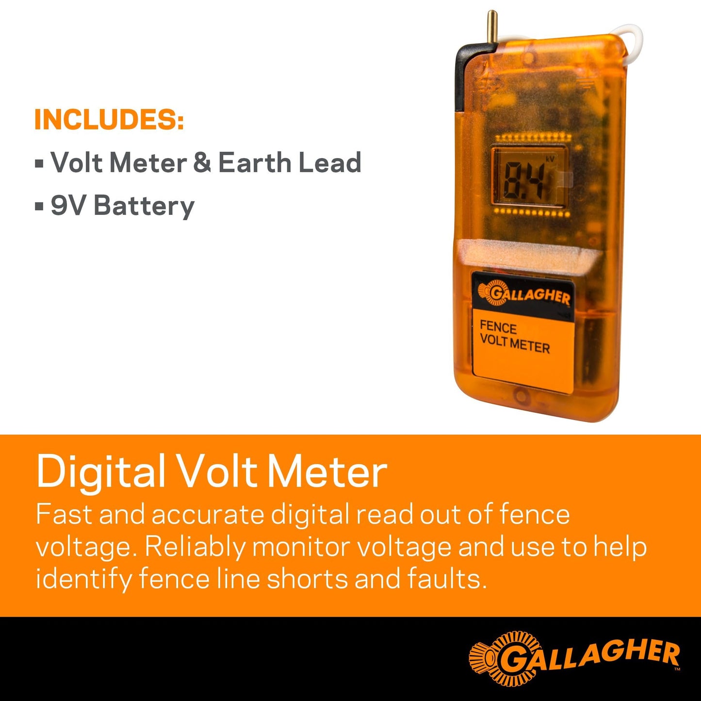 Gallagher Digital Electric Fence Volt Meter | Fence Line Voltage Tester with Ground Rod | Reads 0–12kV for Battery & Mains Energizers | Waterproof, Auto Turn-On, Accurate and Easy to Use