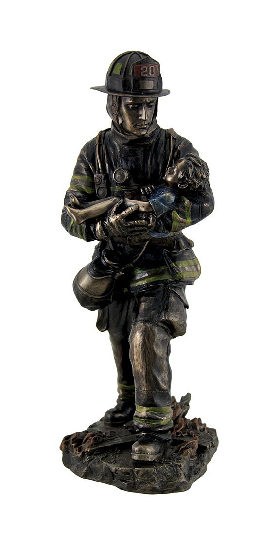 Resin Statues Firefighter Carrying Child Metallic Bronze Statue 11 Inches Tall 5 X 11 X 4.5 Inches Bronze